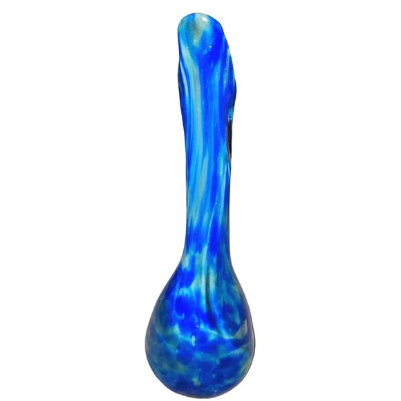 Hand Blown Blue & White Swirl Art Glass Vase With Abstract Fluted Rim 10 Inches - Picture 13 of 14